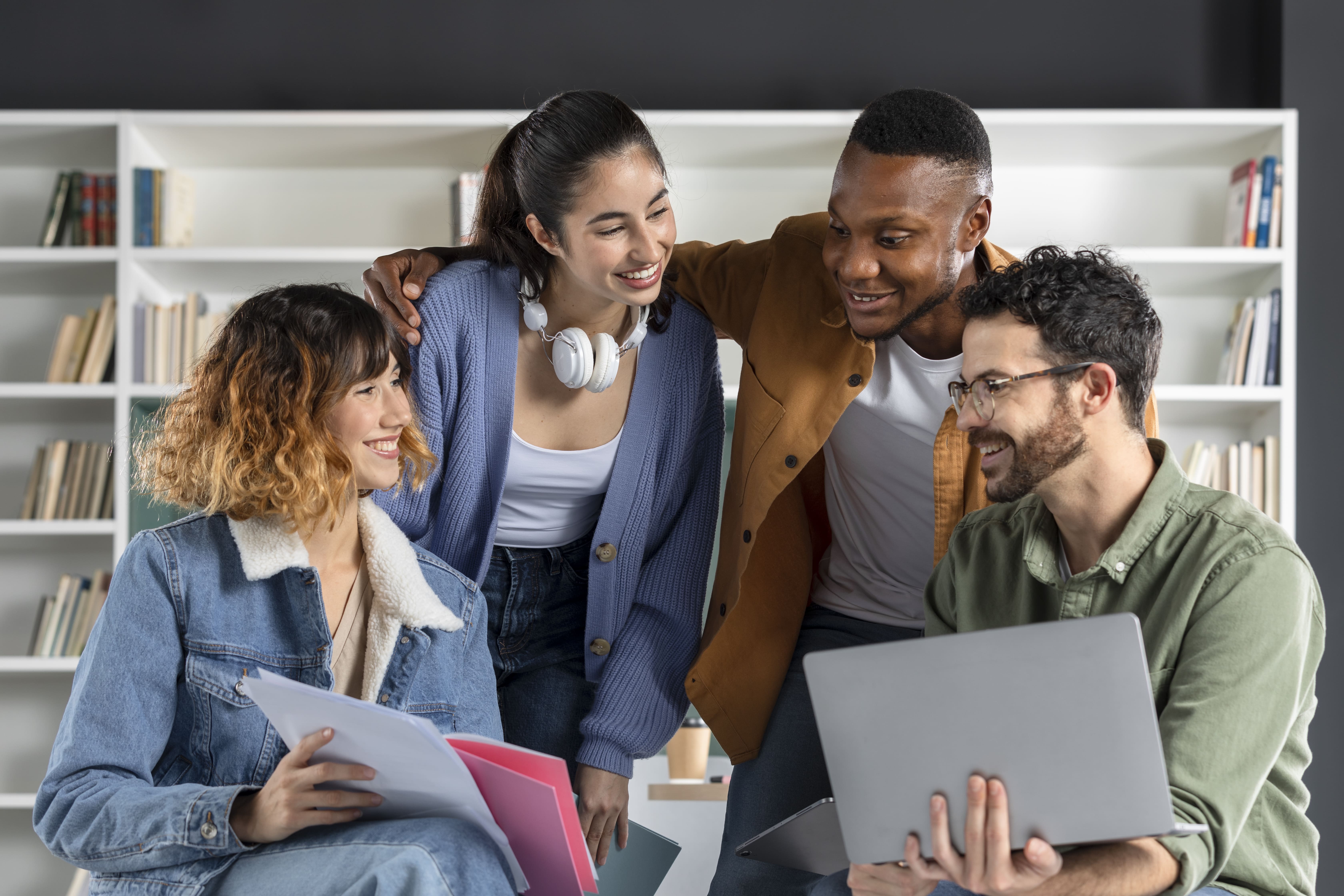 Team members discussing a project in a minimalist office setting